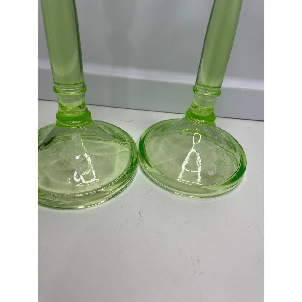 VINTAGE PAIR CAMBRIDGE # 437 VASELINE URANIUM GREEN GLASS UV CANDLESTICK HOLDER